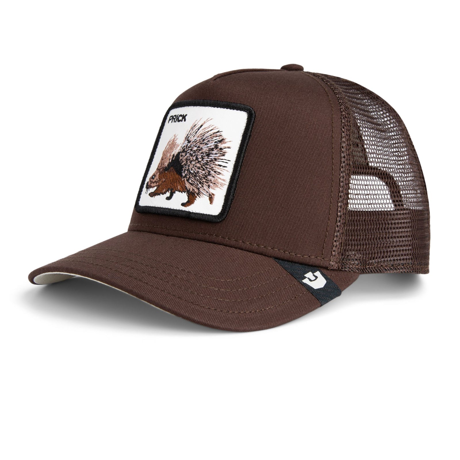 Goorin Prick Trucker Hat in brown with mesh back and a patch featuring a porcupine.