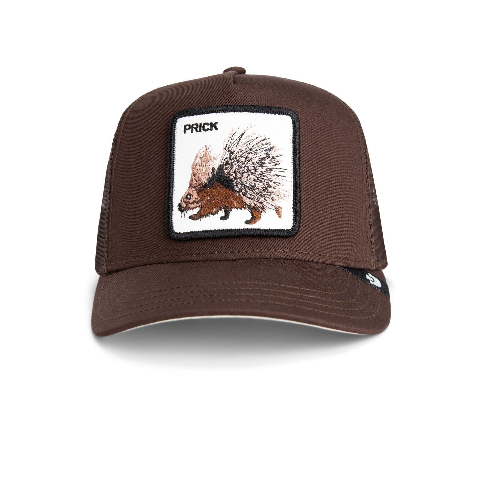 Goorin Prick Trucker Hat in brown with mesh back and a patch featuring a porcupine.