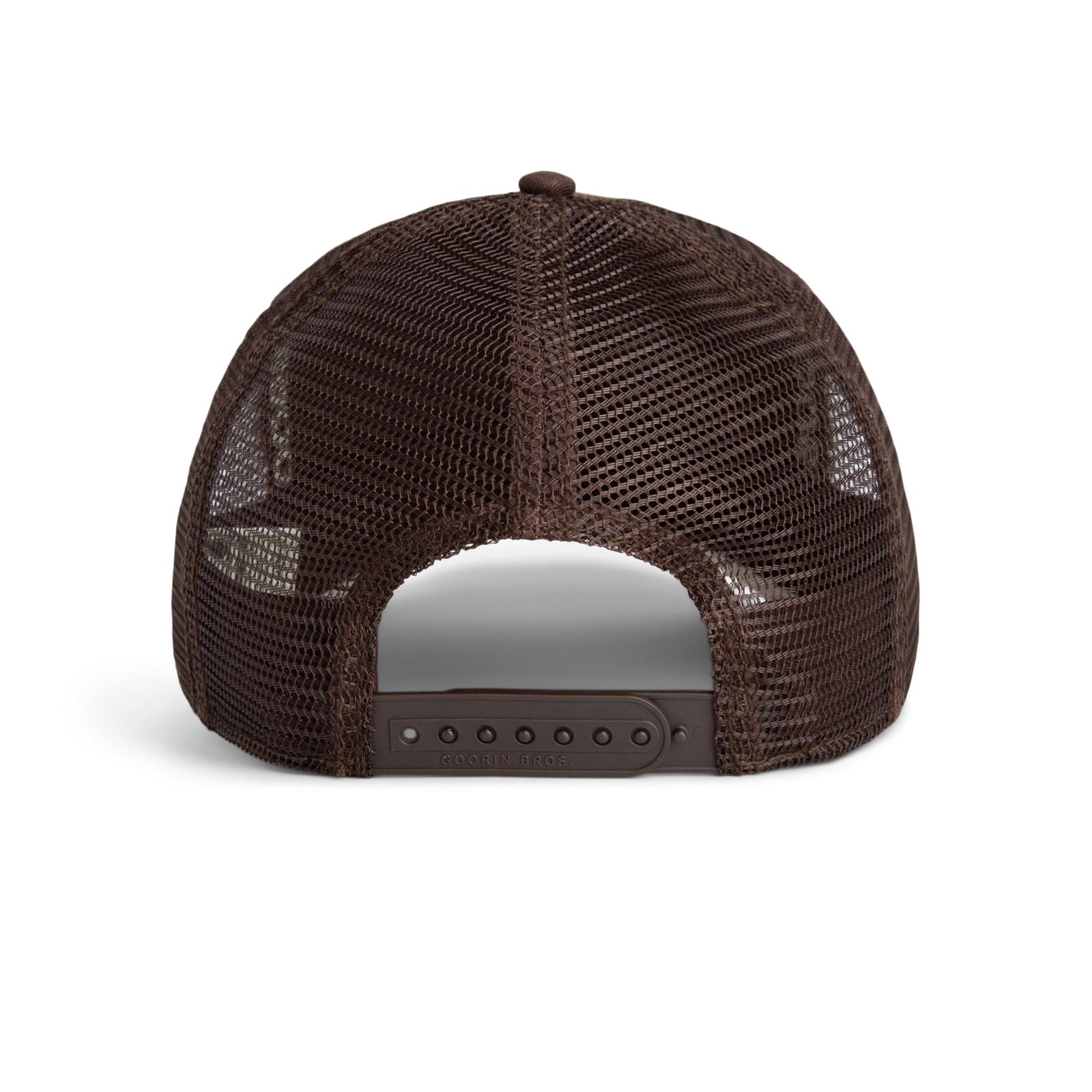 Goorin Prick Trucker Hat from Goorin Bros., brown mesh trucker cap, back view.