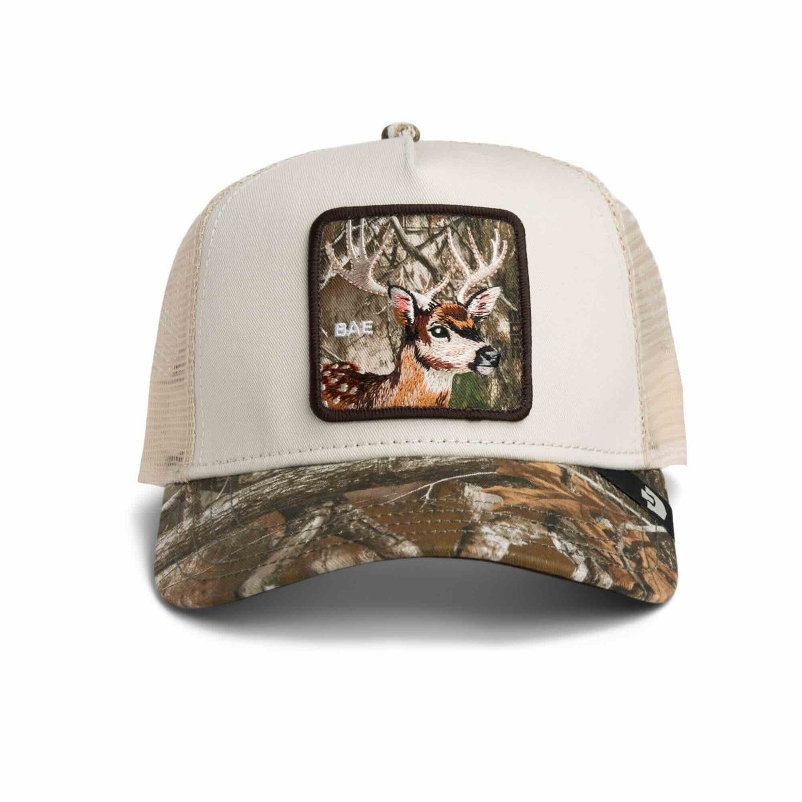 Goorin Realtree Edge Bae Doe Trucker Hat: white front, camo brim, doe patch with BAE letters.