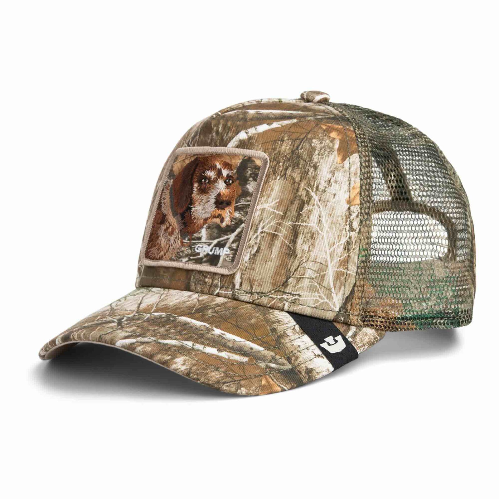 Goorin Realtree Edge Grump trucker hat in Realtree Edge camo with a Grump dog patch and mesh back.