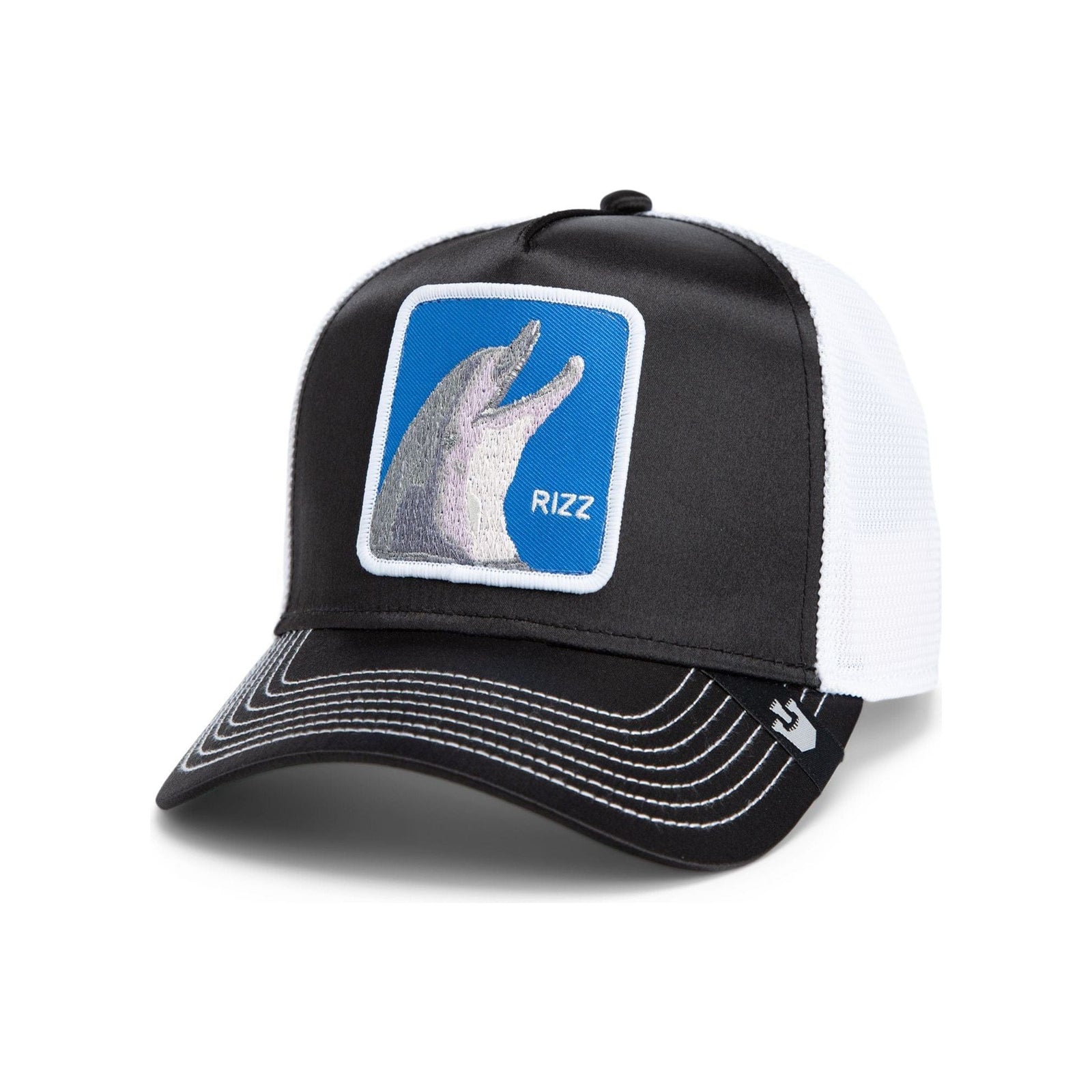 Stylish Goorin Rizzky Bizznizz Trucker Hat in black, featuring a bold design perfect for confident wearers.