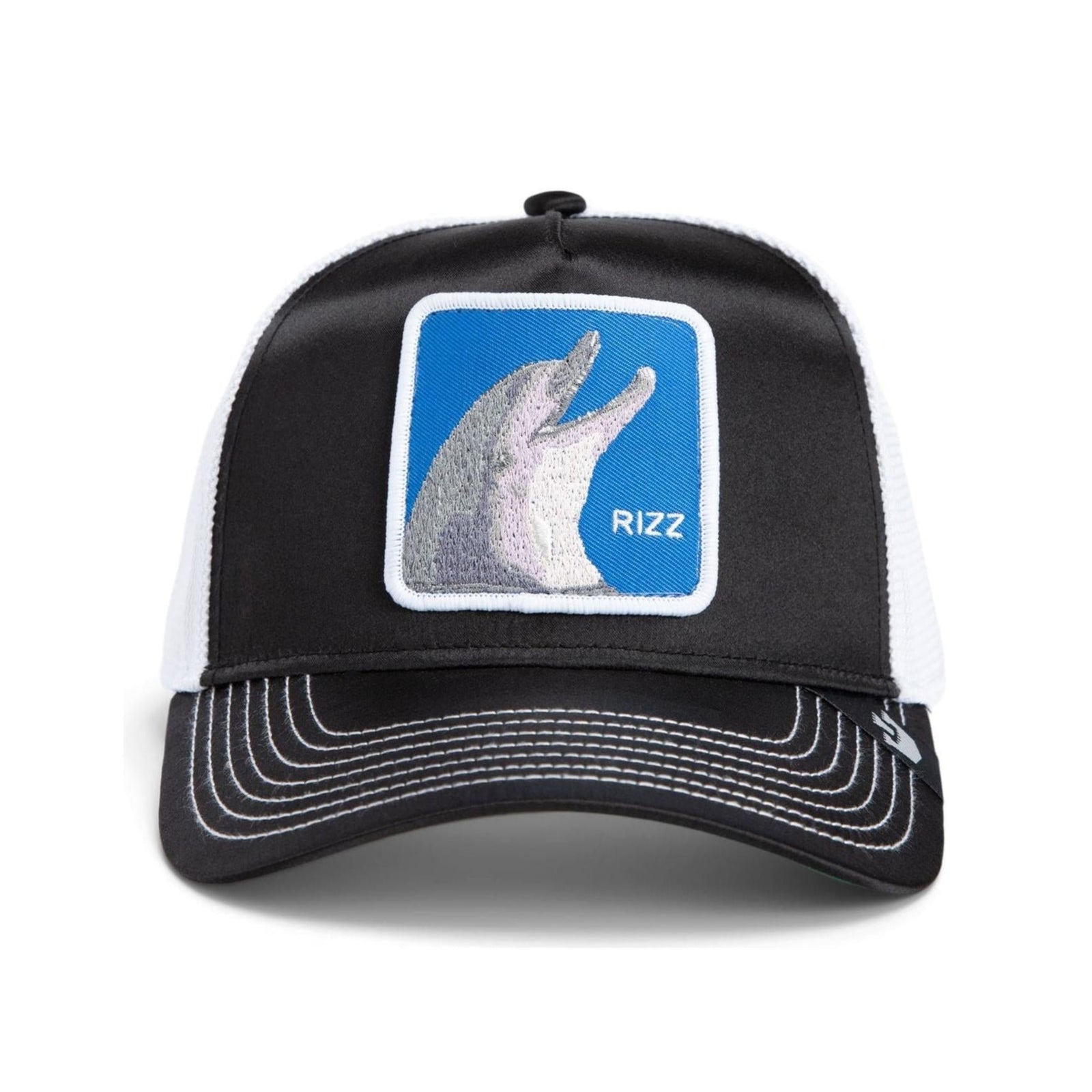 Stylish Goorin Rizzky Bizznizz Trucker Hat in black, featuring bold details and a unique embroidered design.