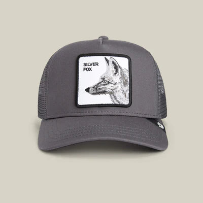 Gray trucker cap with a fox graphic and 'Silver Fox' text on a white background