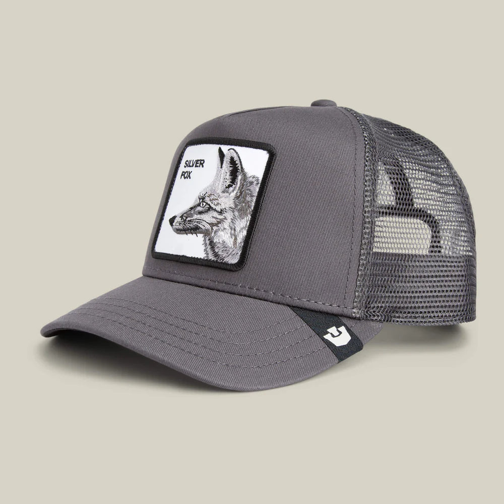 Gray mesh cap with a black and white fox patch on a white background