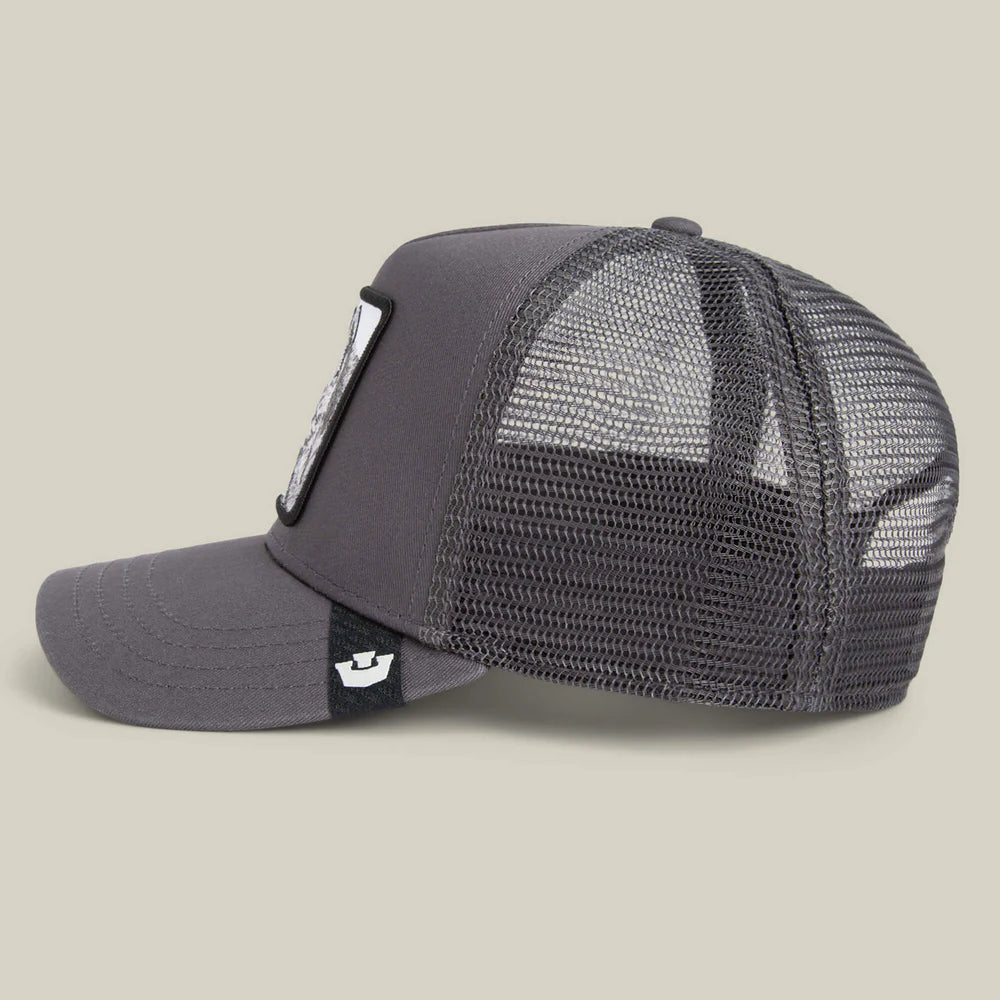 Gray mesh cap with a brand logo on a beige background