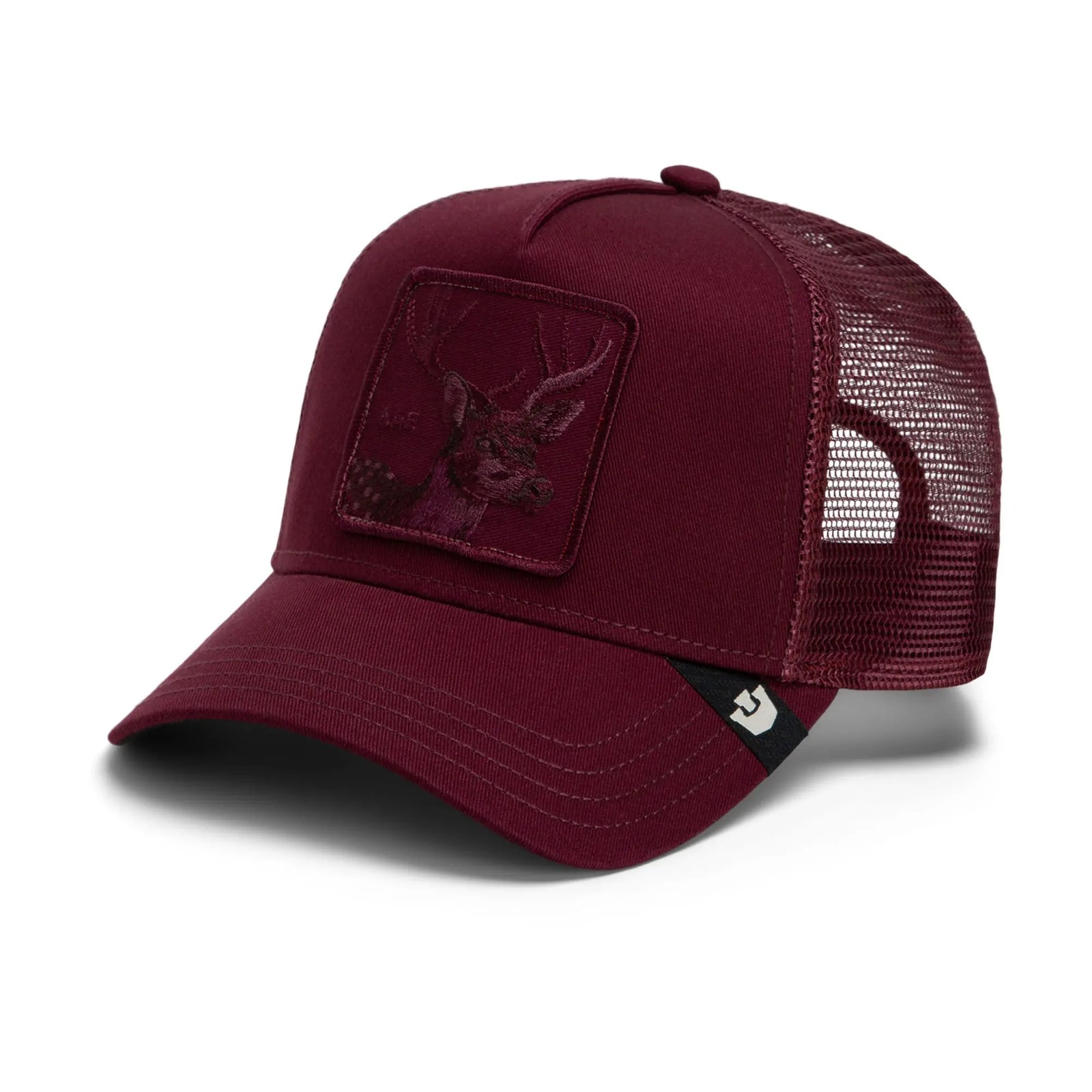 Burgundy tonal trucker hat featuring an embroidered deer patch on the front panel and matching mesh back.