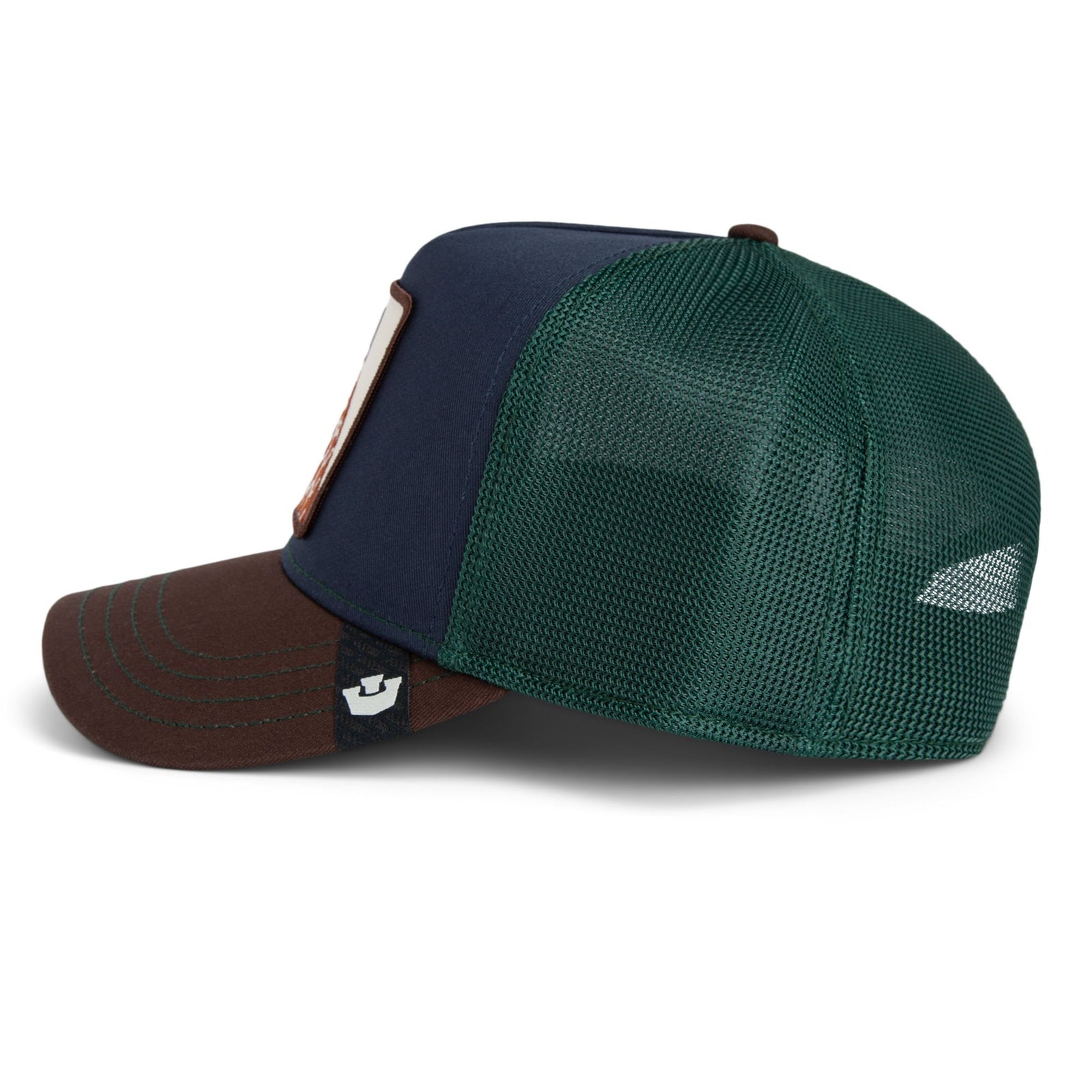 Goorin Tricolor Giraffe Trucker Hat with a giraffe patch on navy front, brown brim, and green mesh back by Goorin Bros.