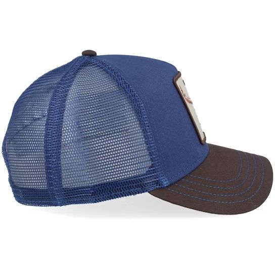 Goorin Two-Tone Skull Trucker Hat—galactic blue front, cola brown bill, blue mesh back with longhorn skull patch.