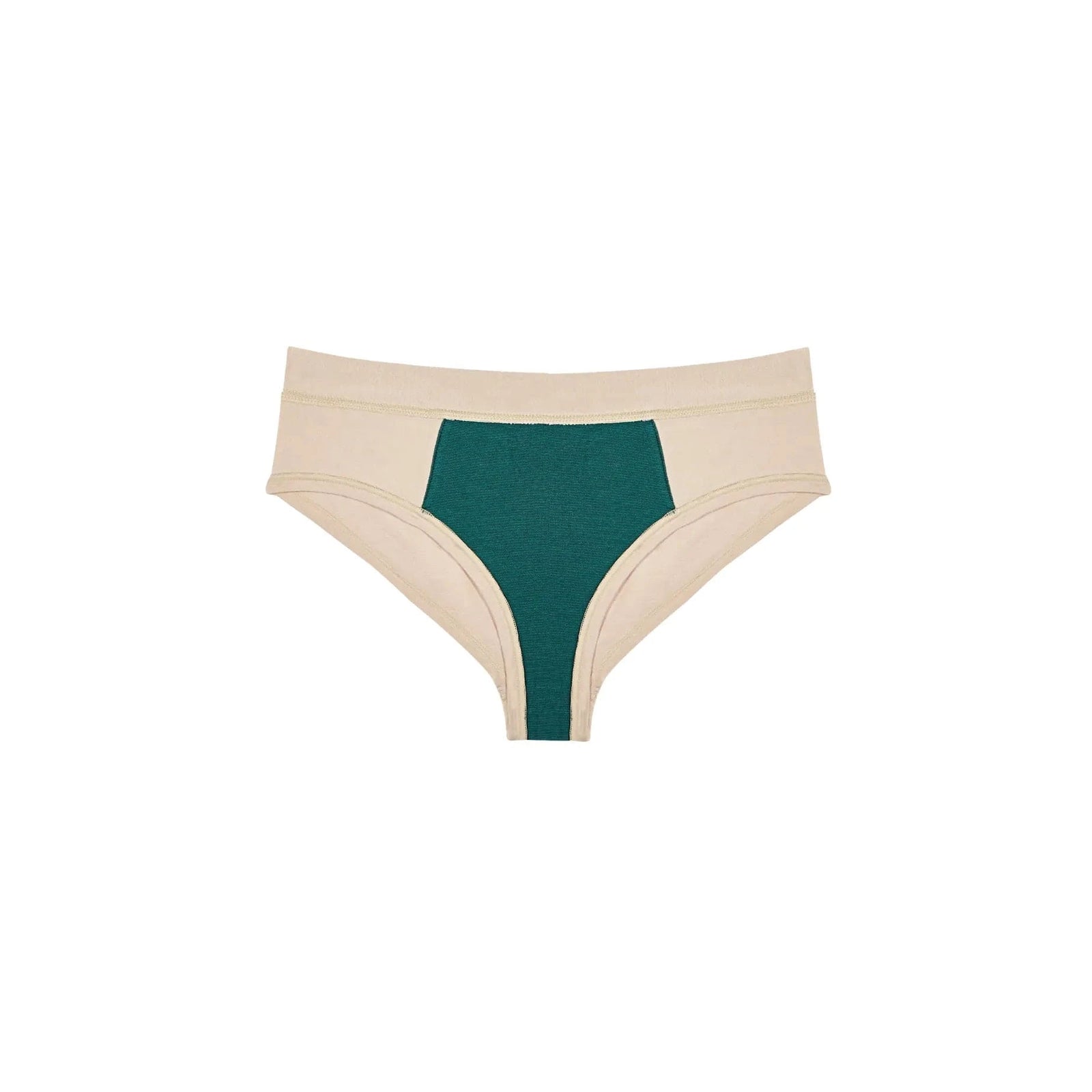 HuHa Cheeky Mineral Undies — beige with green front panel, flattering, stay-put underwear.