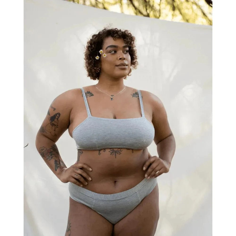 HuHa Cheeky Mineral Undies on a plus-size model in soft gray TENCEL™ Modal x Micro underwear