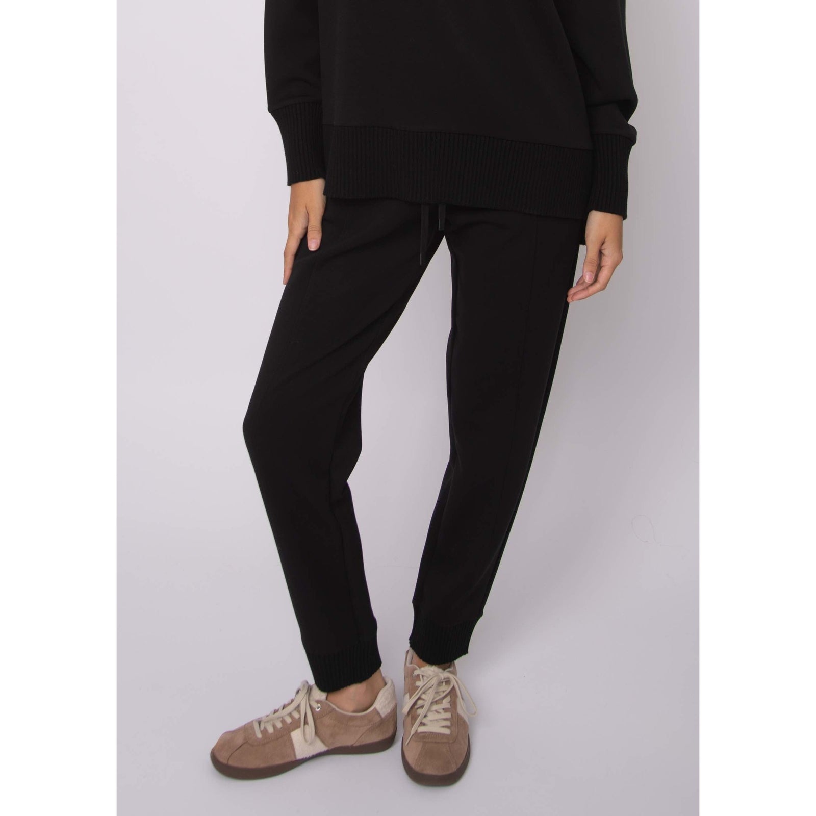 Joselle Soft Knit Pull On Jogger Pants in black, relaxed fit with adjustable drawstring waist and ribbed cuffs.