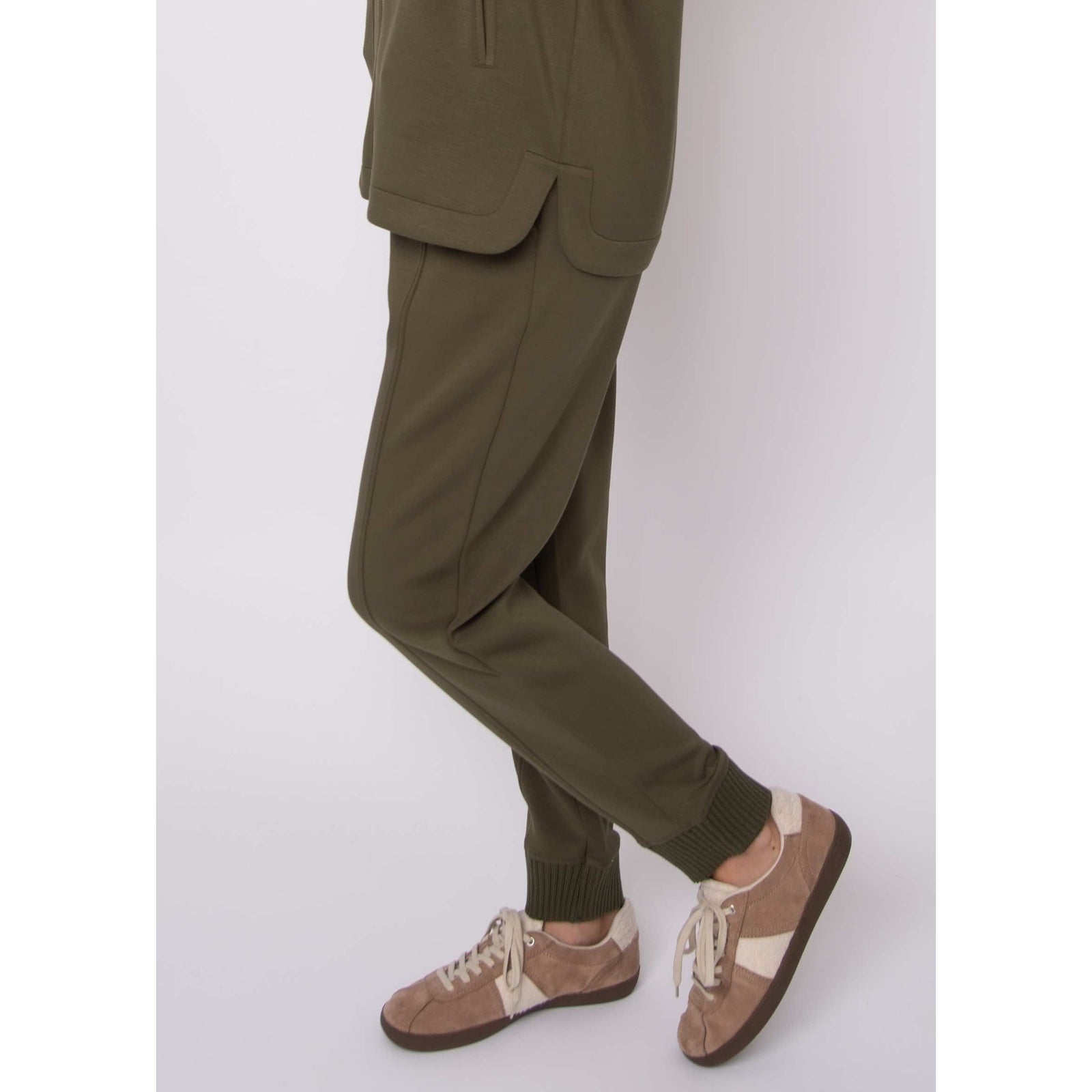 Joselle soft knit pull-on jogger pants in olive with drawstring waist, cargo pockets, ribbed cuffs.
