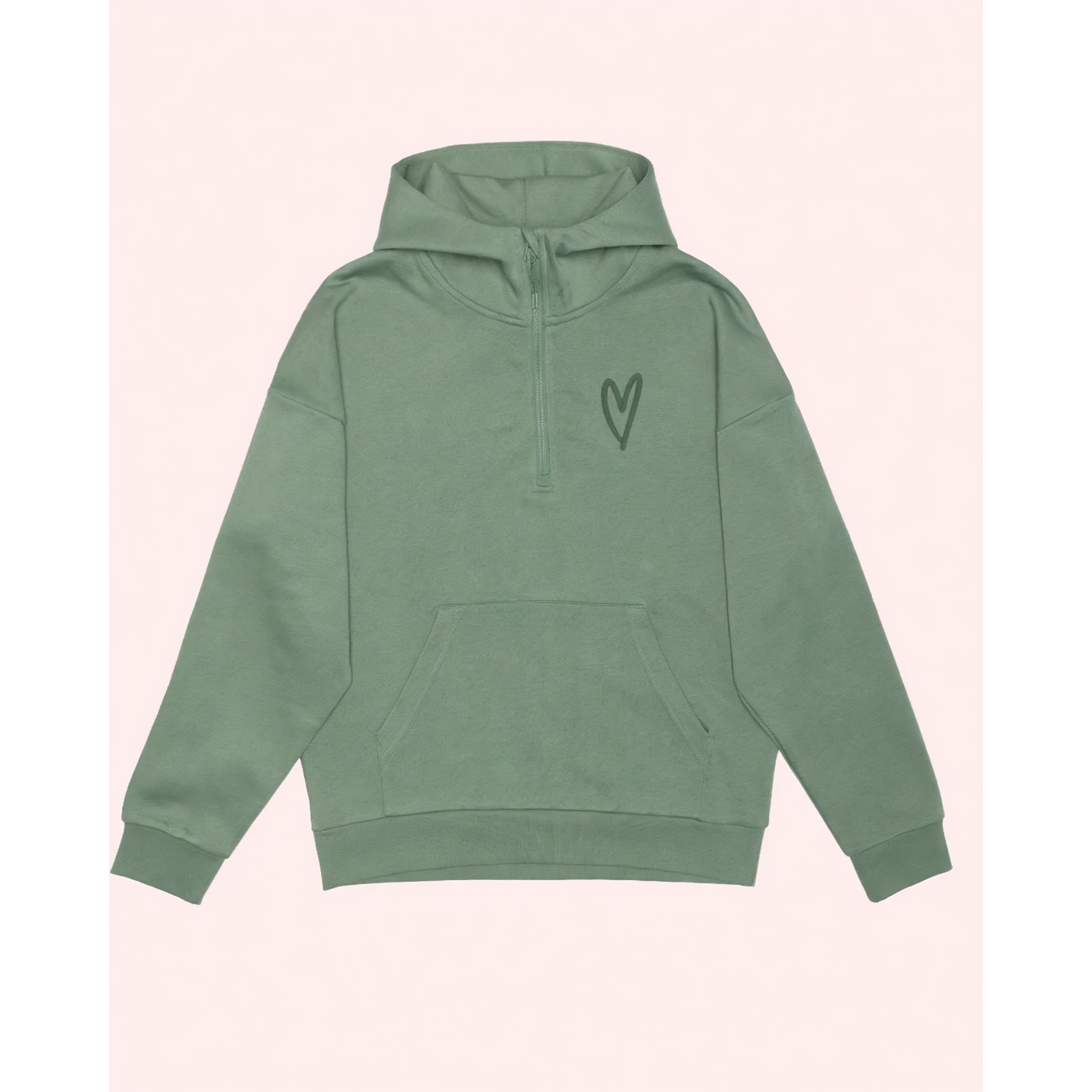 Keep Going Half Zip Hoodie - cozy jade green, gender-neutral half-zip with embroidered heart and 'keep going'.