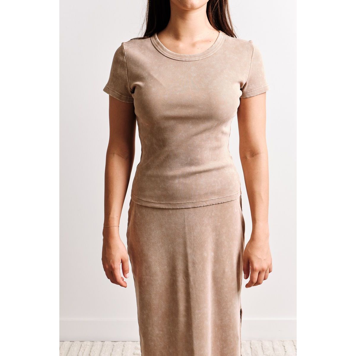 Kuwalla KWG Ribbed Classic Tee in beige, ribbed knit, short sleeves, crew neck, snug flattering fit.