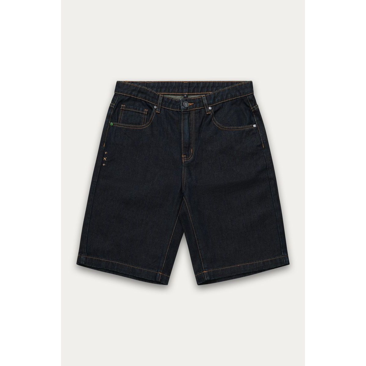 Kuwalla Bermuda Denim Shorts in dark indigo denim, knee-length with orange contrast stitching and relaxed fit.