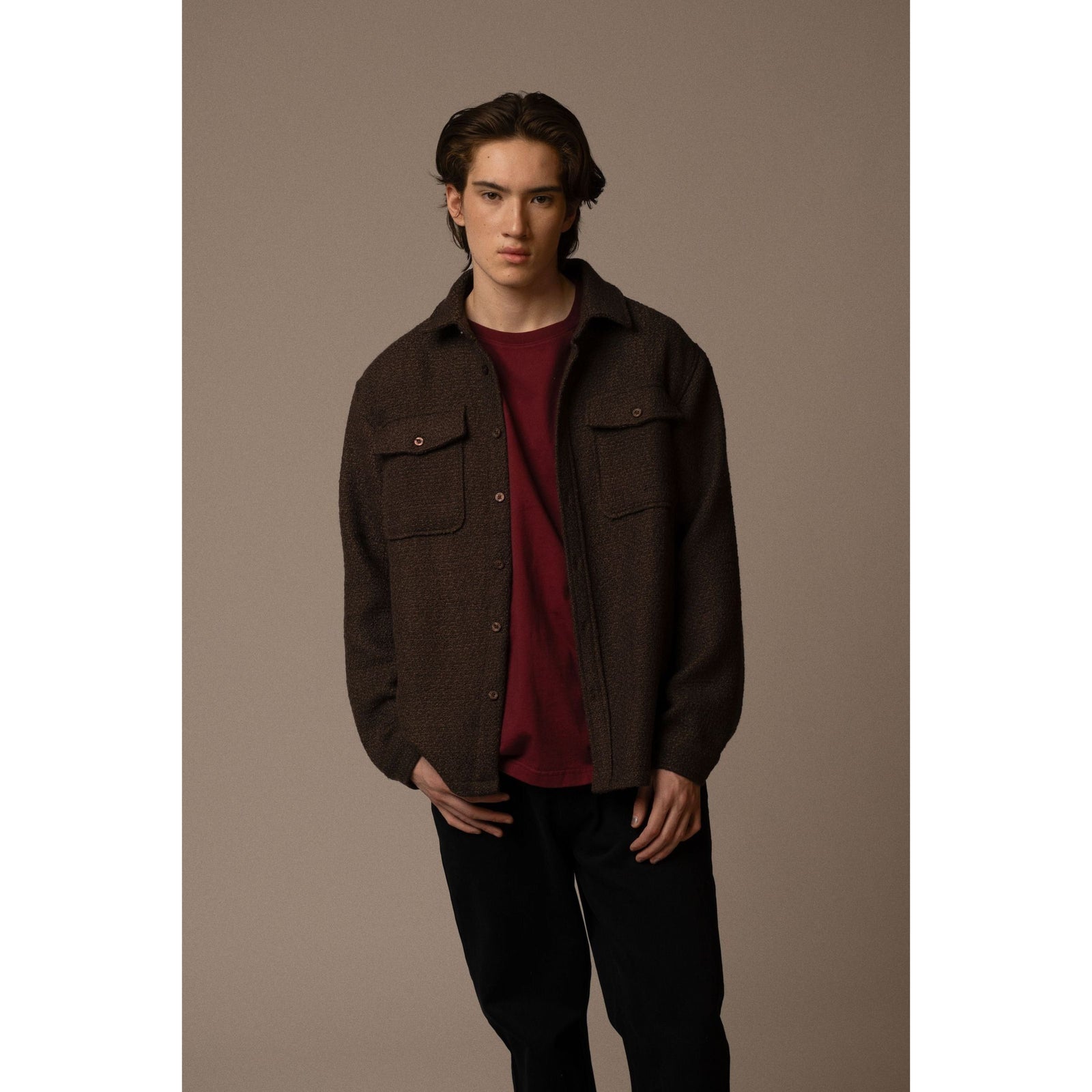 Kuwalla HandLoom Long Sleeve Shirt worn over burgundy tee in a brown textured jacket for a cozy layered look.