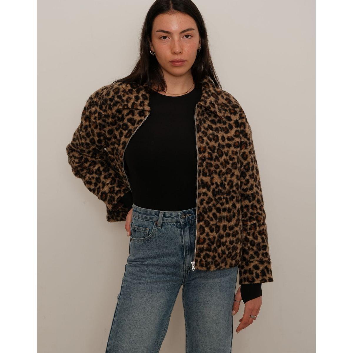 Kuwalla Manon Leopard Shacket with plush leopard sherpa, zip front, worn by model in-store.