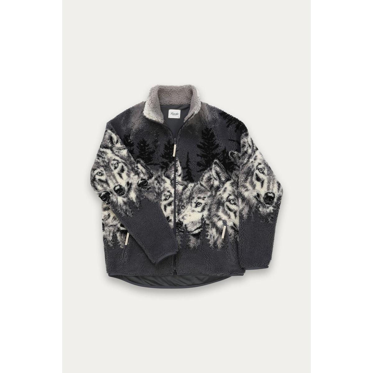 Kuwalla Printed Sherpa Fleece Jacket Wolf Pack unisex plush fleece with wolf print and pockets.