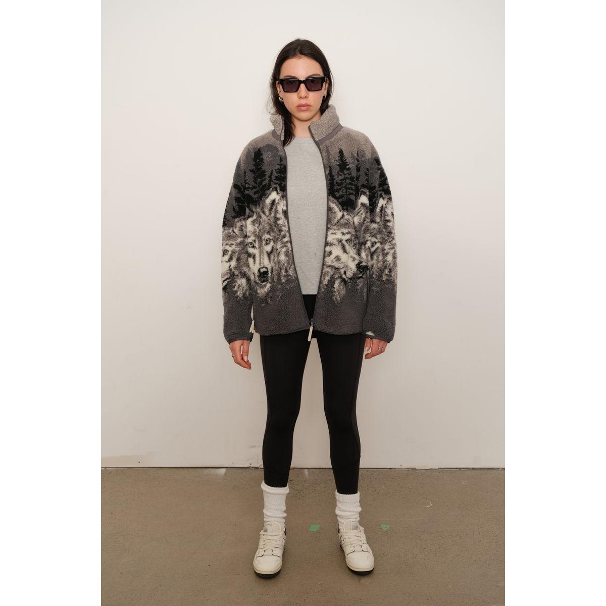 Kuwalla Printed Sherpa Fleece Jacket Wolf Pack—unisex fleece with wolf print and pockets.