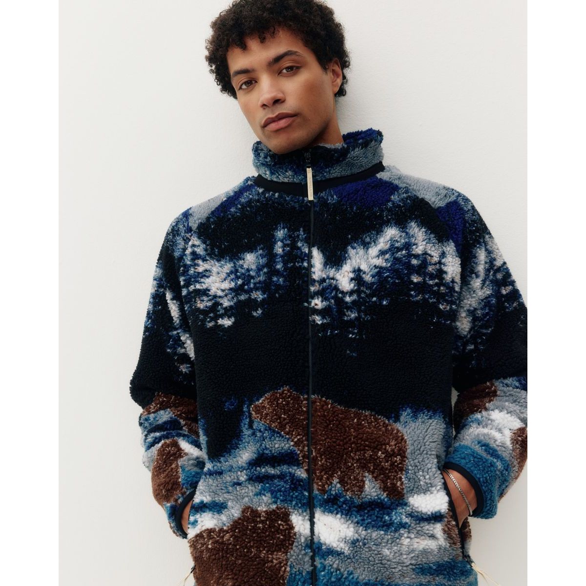 Bears in the Wild printed sherpa jacket with blue forest design and brown bear motifs for cozy, stylish layering.