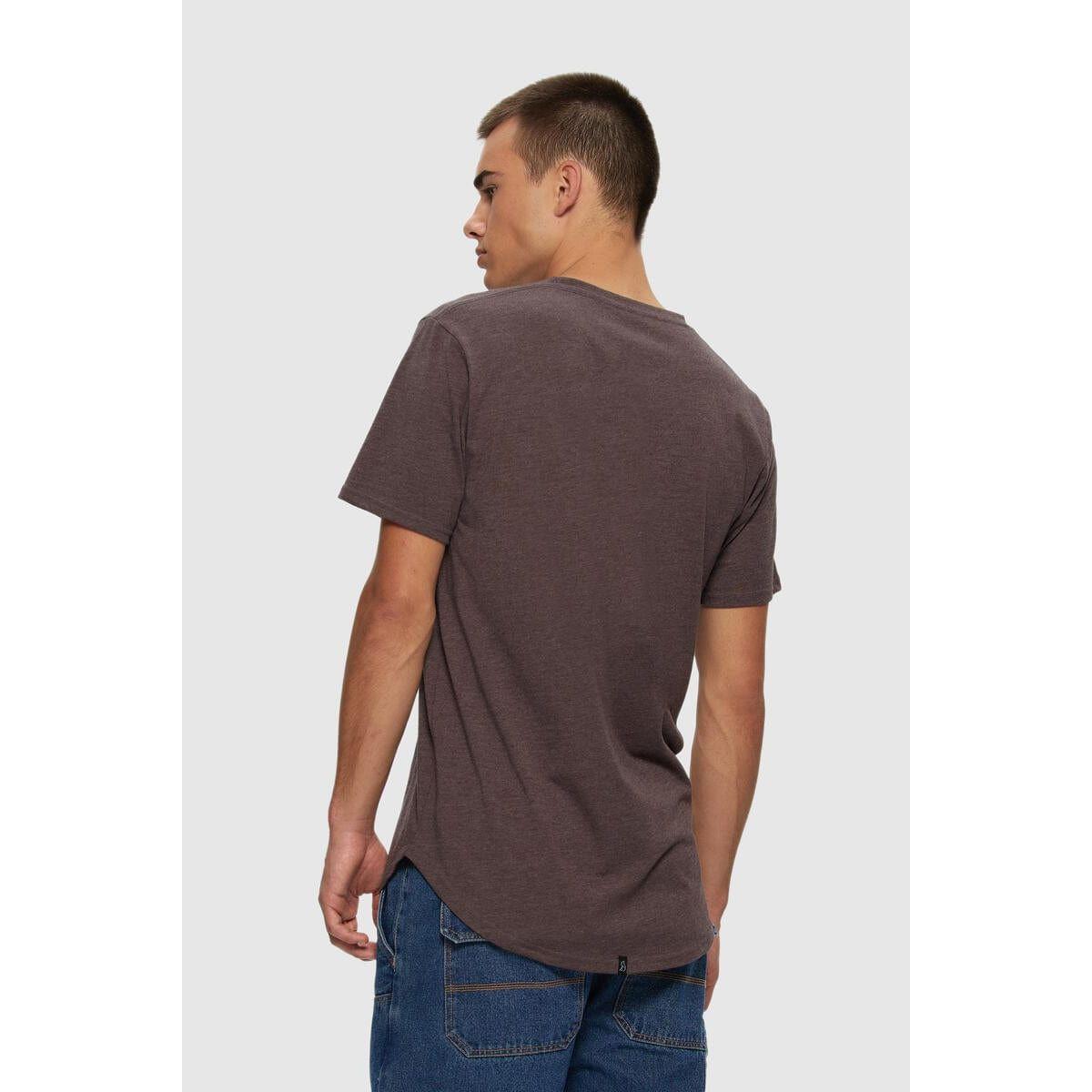 Kuwalla Scoop Tee on model, brown scooped-hem tee, back view, Kuwalla brand.