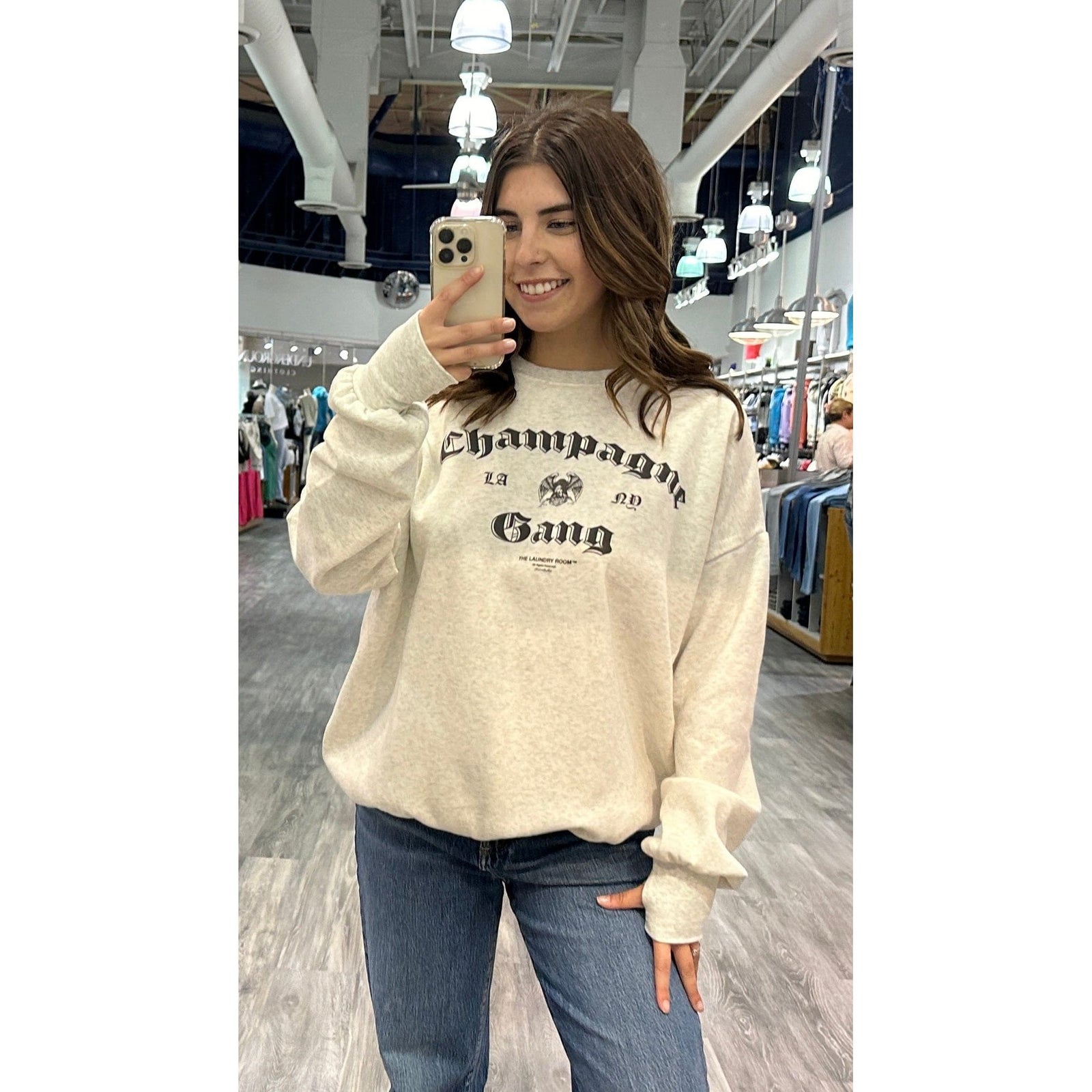 Shop the Laundry Room Champagne Gang Jumper, featuring a fun graphic print and cozy cotton blend for ultimate comfort.