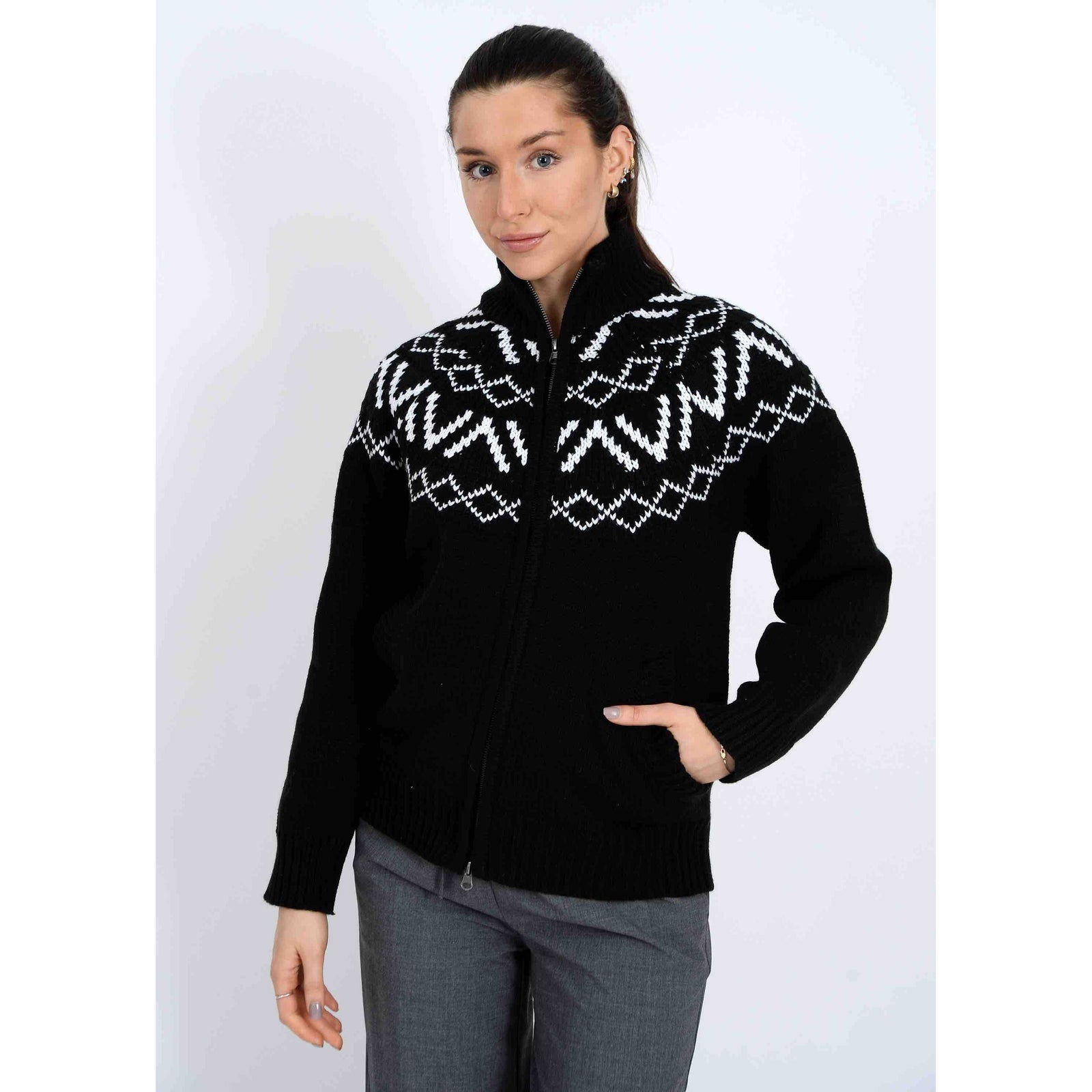 Leocadia Mock Neck Zip Cardigan in black knit with white Nordic pattern, full-zip front, ribbed cuffs.