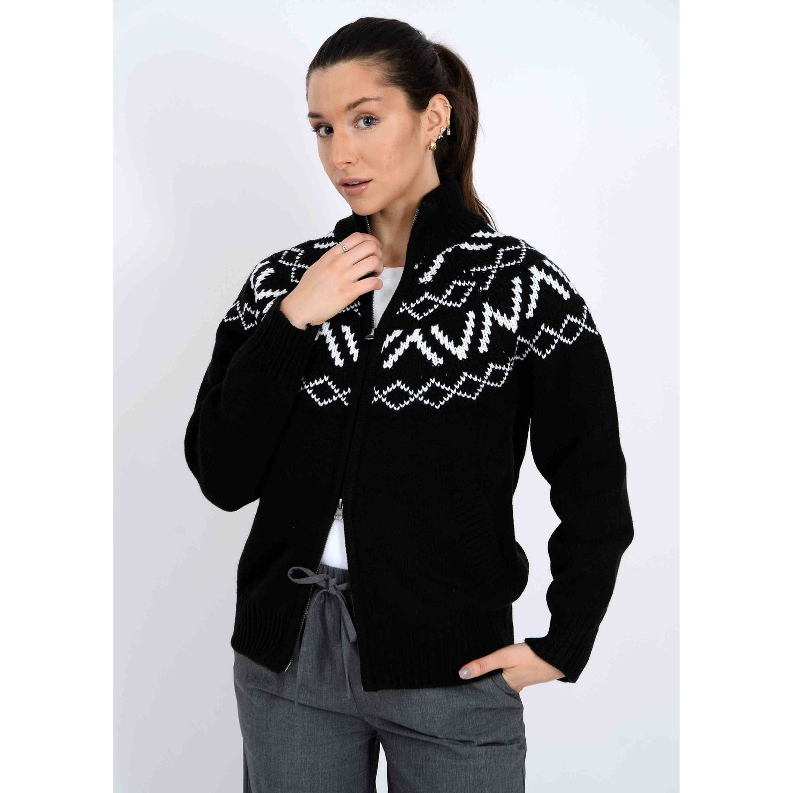 Leocadia Mock Neck Zip Cardigan: black knit with white alpine yoke, full-zip front, pockets, ribbed cuffs.
