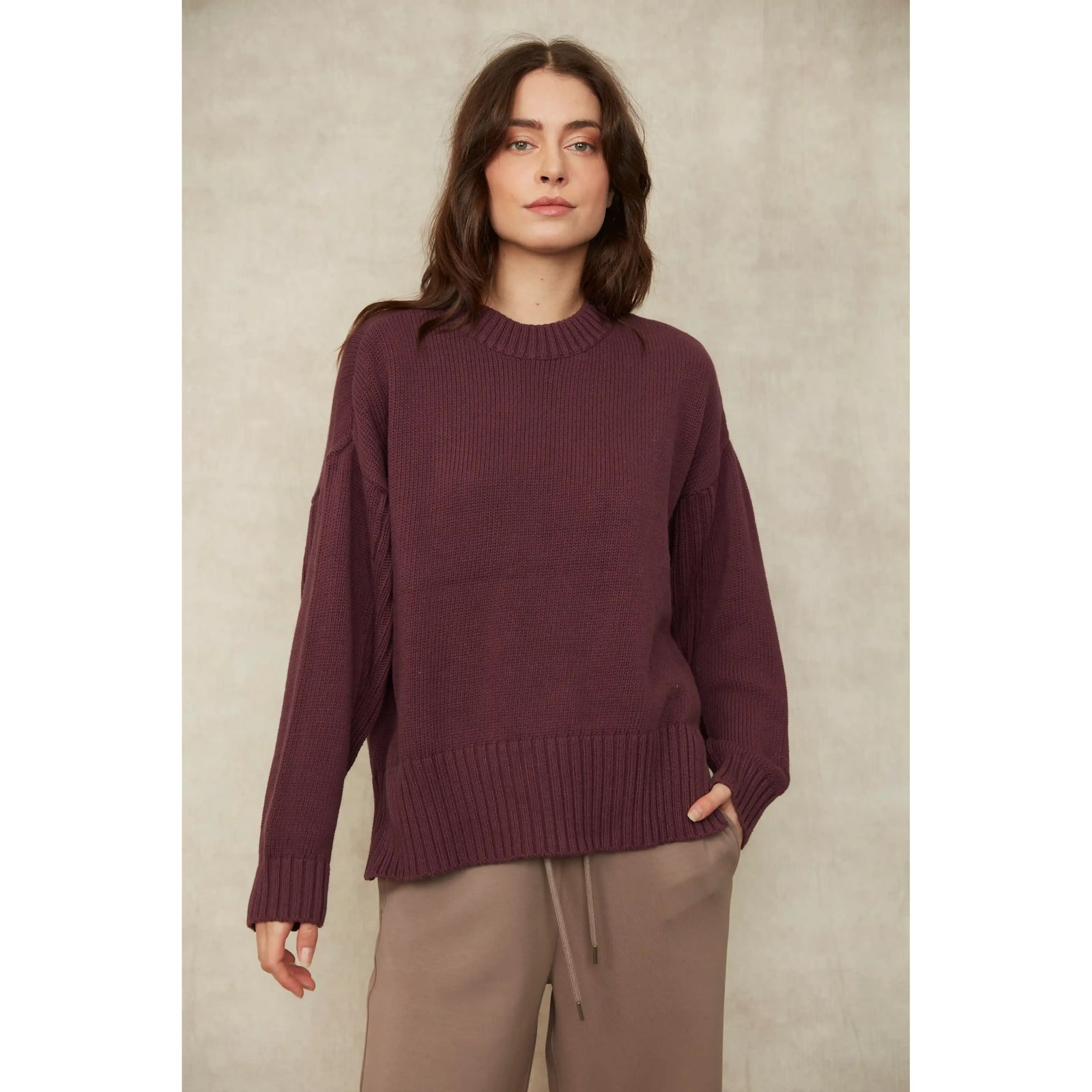 Model wearing a plum long sleeve crew neck cotton knit pullover with ribbed trim at the neck, cuffs, and hem.