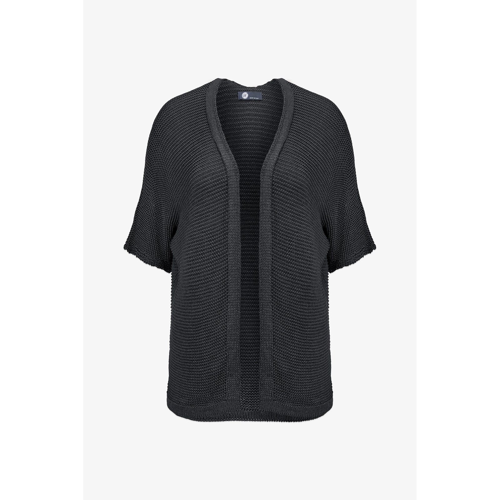 M Made in Italy Cardigan Sweater in black, open-knit short-sleeve with rib trim for versatile layering.
