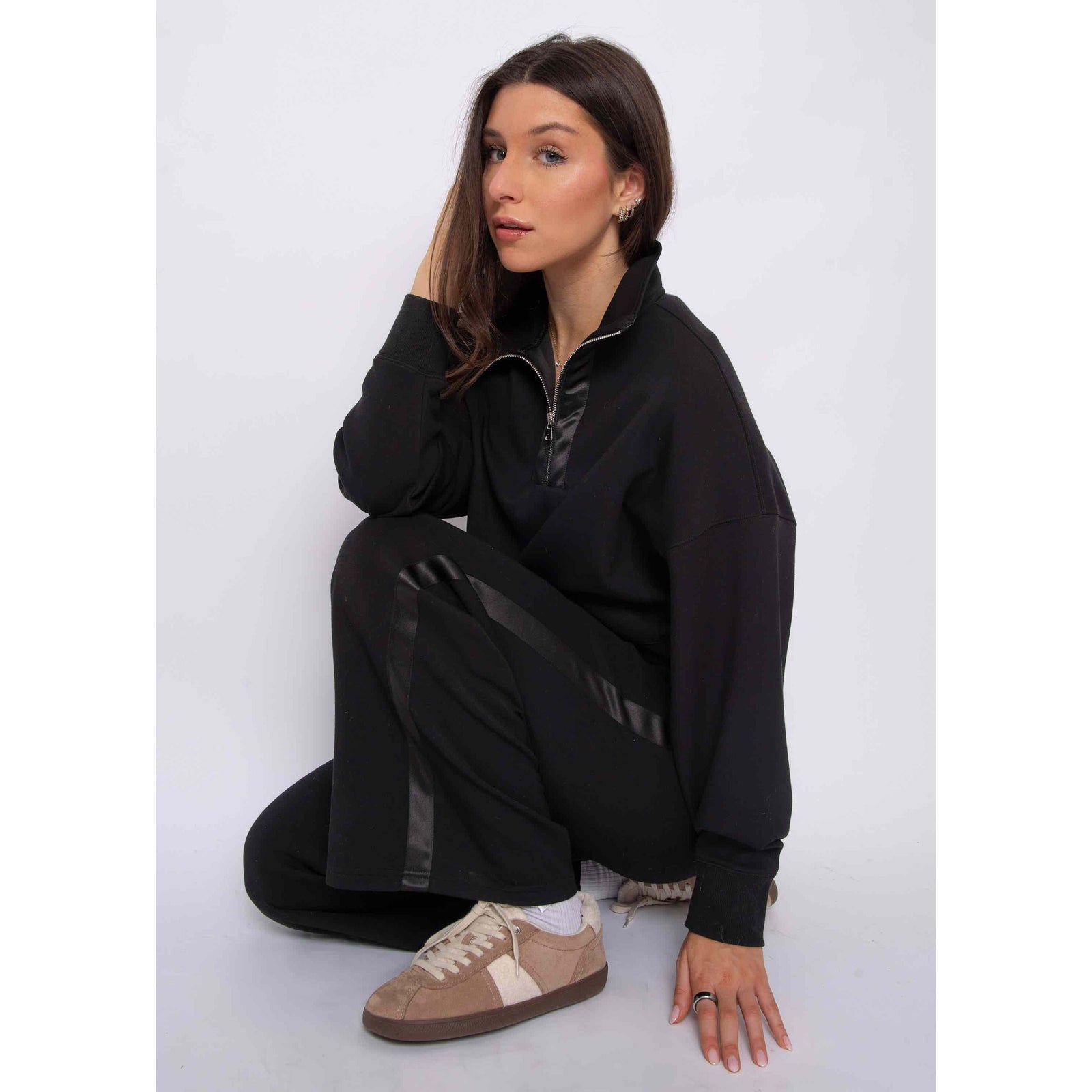 Mailyn Soft Knit w/ Satin Trim 1/2 Zip: black cropped pullover with satin trim and relaxed fit