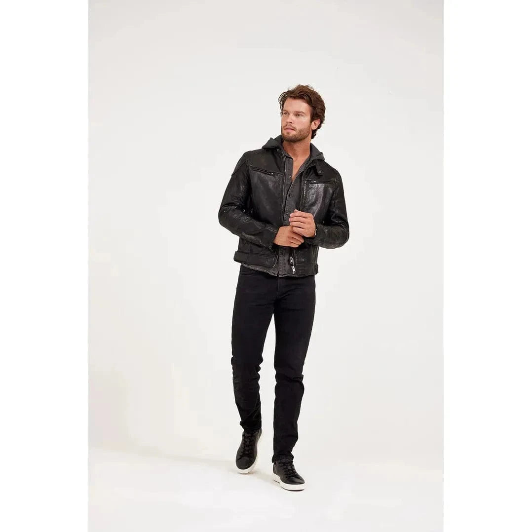 Mauritius Biko UF Jacket in black lambskin leather with hood and zip front, worn by a man