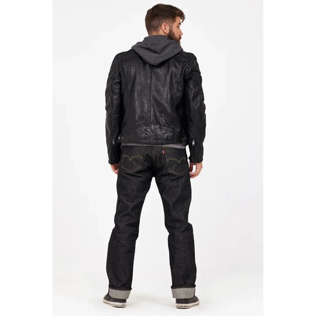 Mauritius Biko UF Jacket in black lambskin, vegetable-tanned, worn over a gray hoodie (back view).