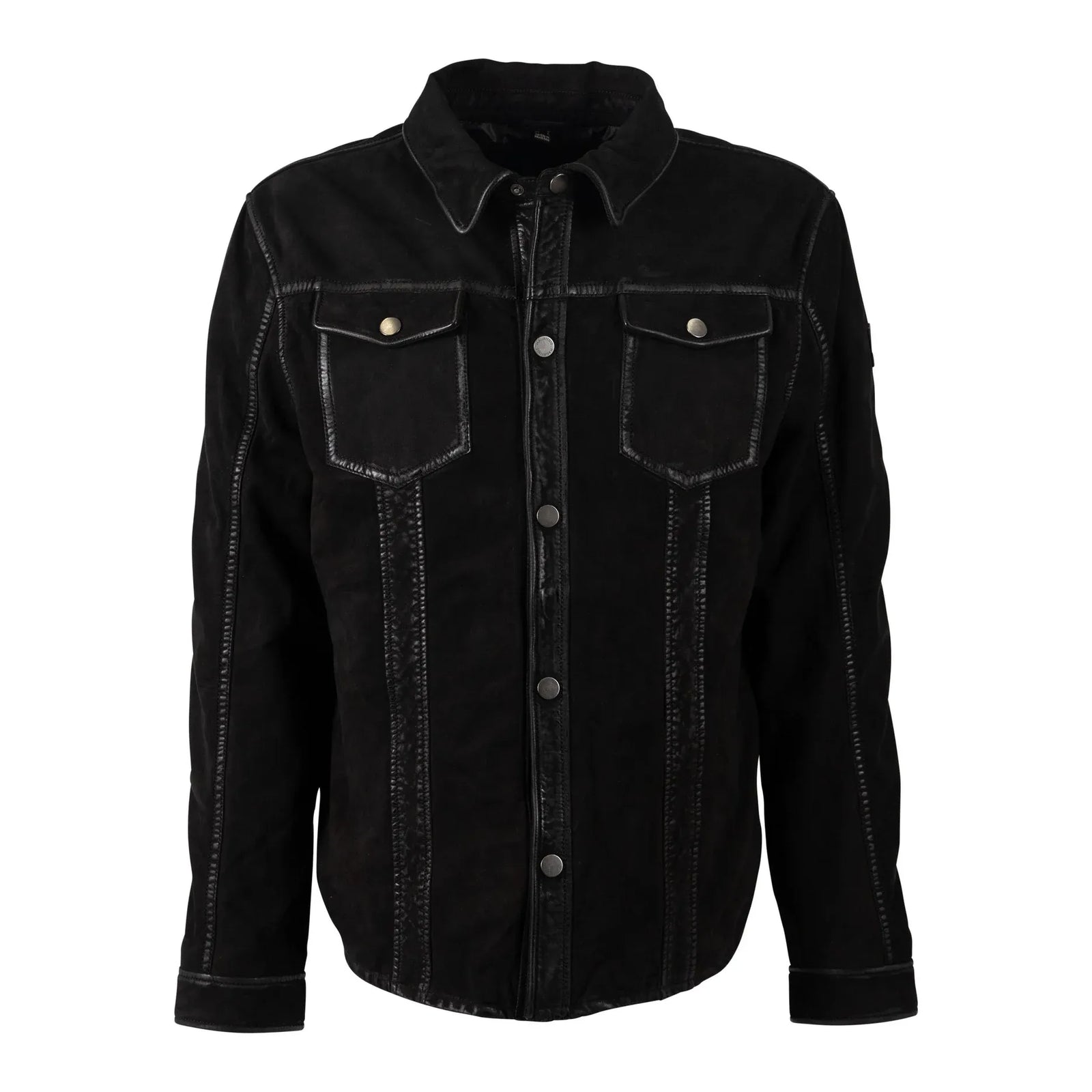 Mauritius Sedro UF Nubuck Leather Jacket in black, button-down front with two chest pockets and rugged stitching.