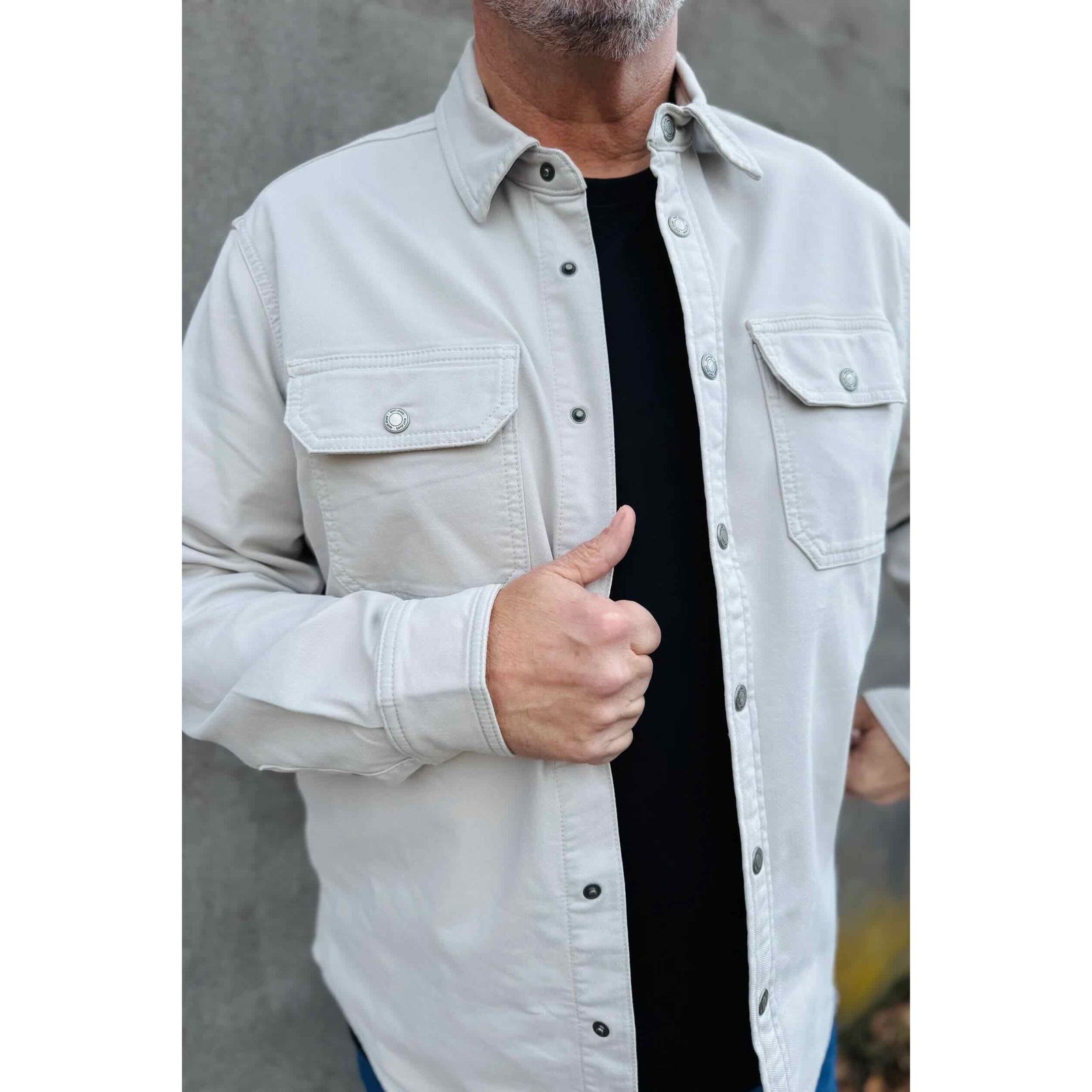 Mavi Asher Cloud Explorer shacket in light gray twill with snap front, dual chest pockets, and snap cuffs.