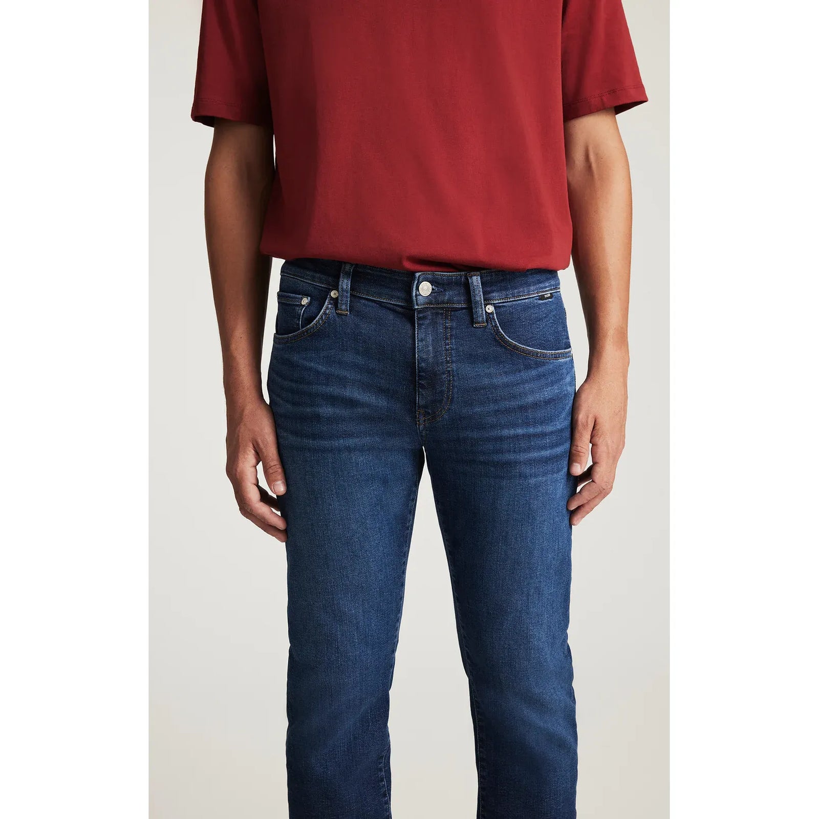 Mavi Jake Rinse Dark Brushed Classic Vintage jeans with slim fit through hip and thigh, dark wash with whiskering.