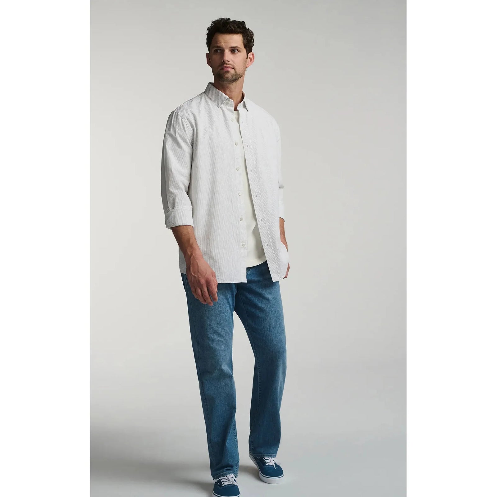 Mavi Long Sleeve Button Up Shirt in crisp white with subtle stripes, perfect for a polished and versatile look.