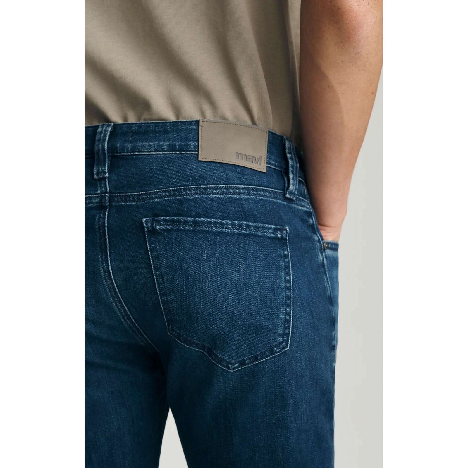 Mavi Marcus Dark Air-Lite Denim jeans back view with leather waistband patch.