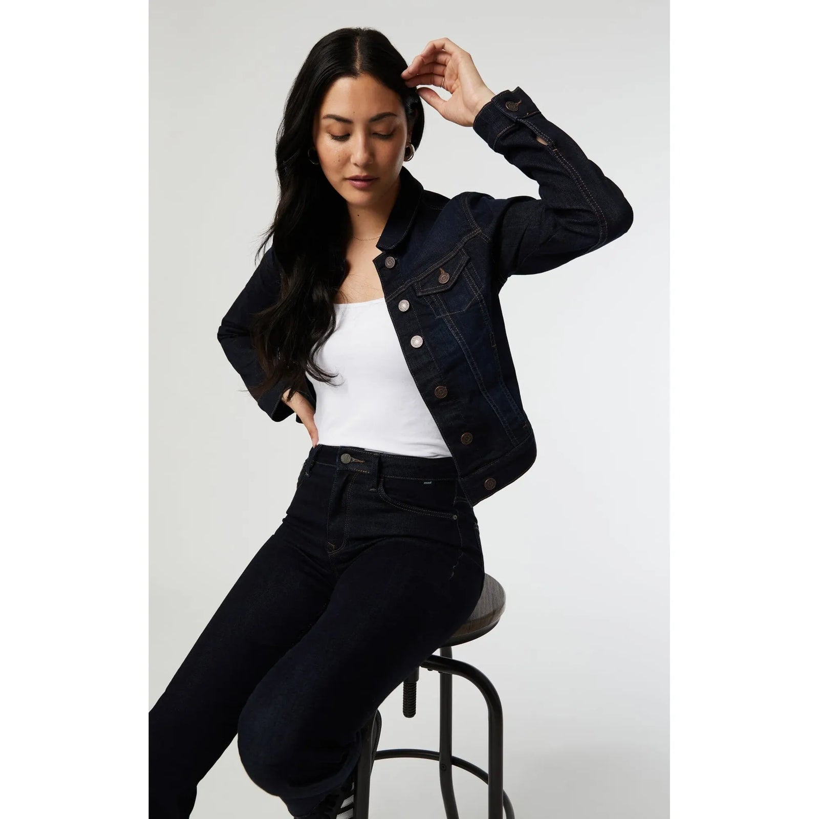Model wearing Mavi Samantha Dark Nolita Jean Jacket over white tee, showcasing broken-in denim.
