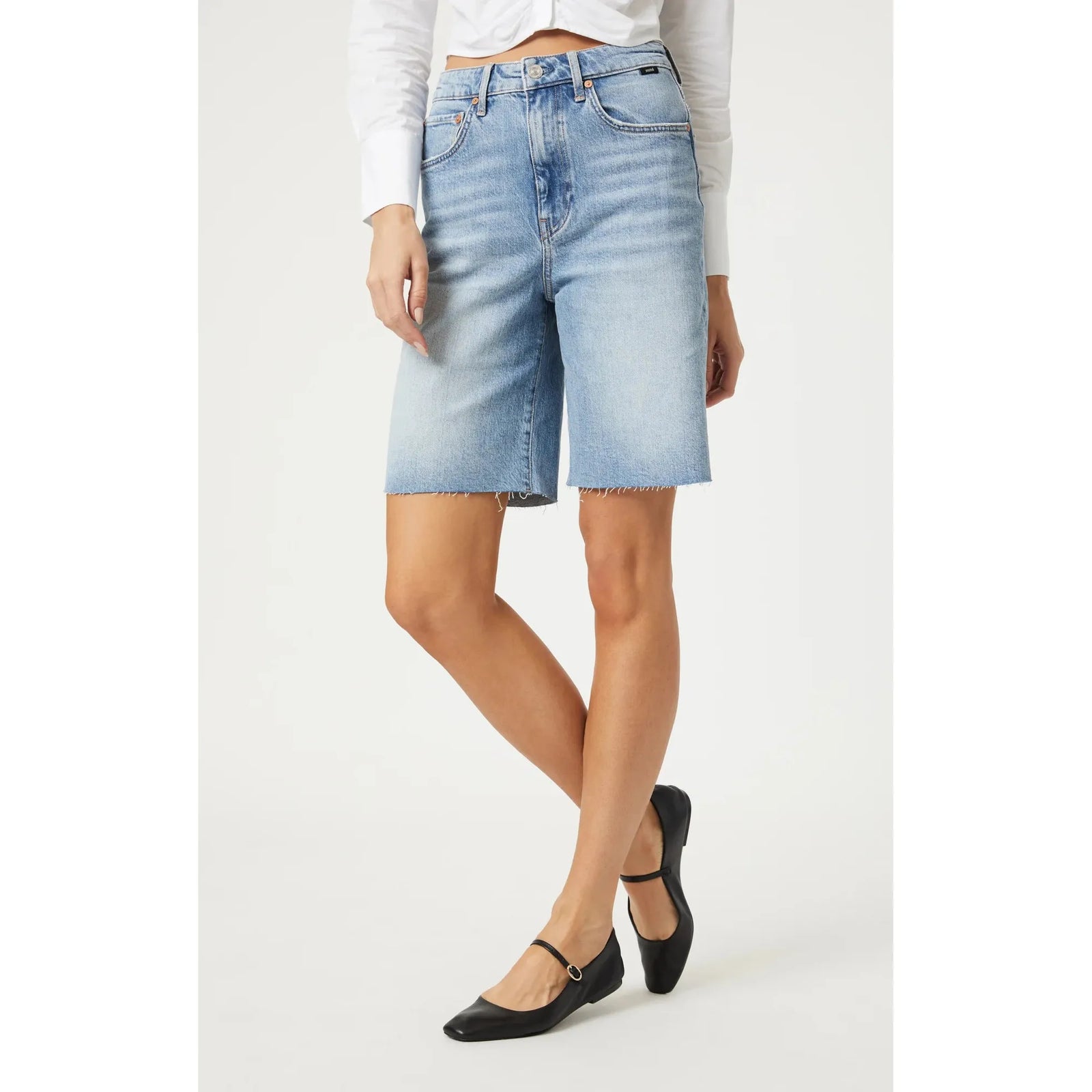 Mavi Selina Bermuda Shorts showcase a stylish light blue denim design for luxury comfort and effortless style.
