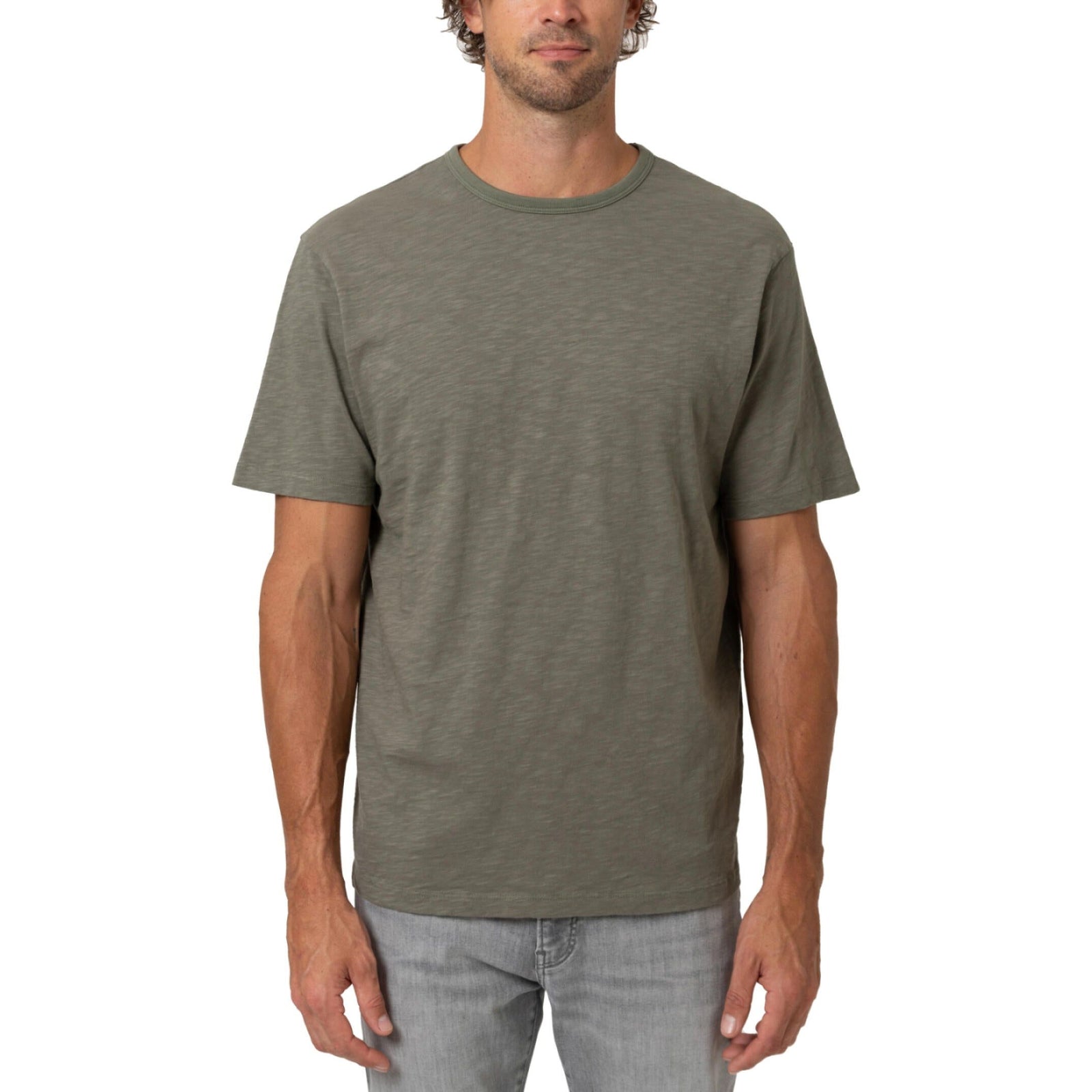 Mavi Slub Short Sleeve T-Shirt in dusty olive, featuring a classic crewneck and elegant trim detailing. Perfect for any wardrobe.