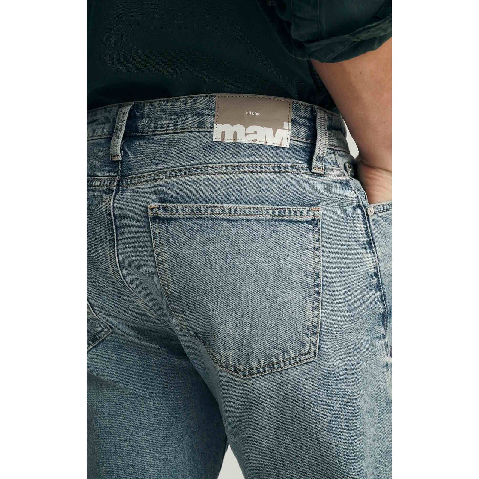 Mavi Zach Lt Shaded Classic Blue Denim jeans, back pocket and leather patch.