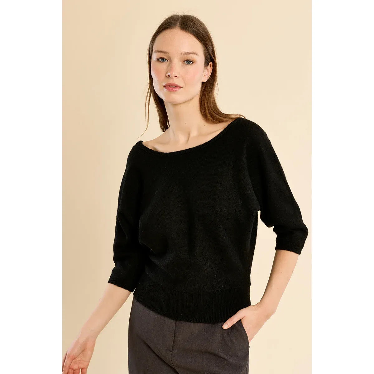 Black open back boat neck sweater with three-quarter sleeves, wide relaxed fit, and ribbed hem and cuffs.