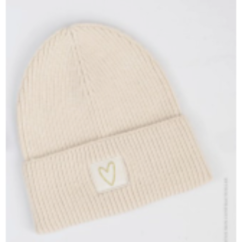 Beige Molly Bracken knitted beanie in ribbed knit with stitched heart patch and wide cuff.