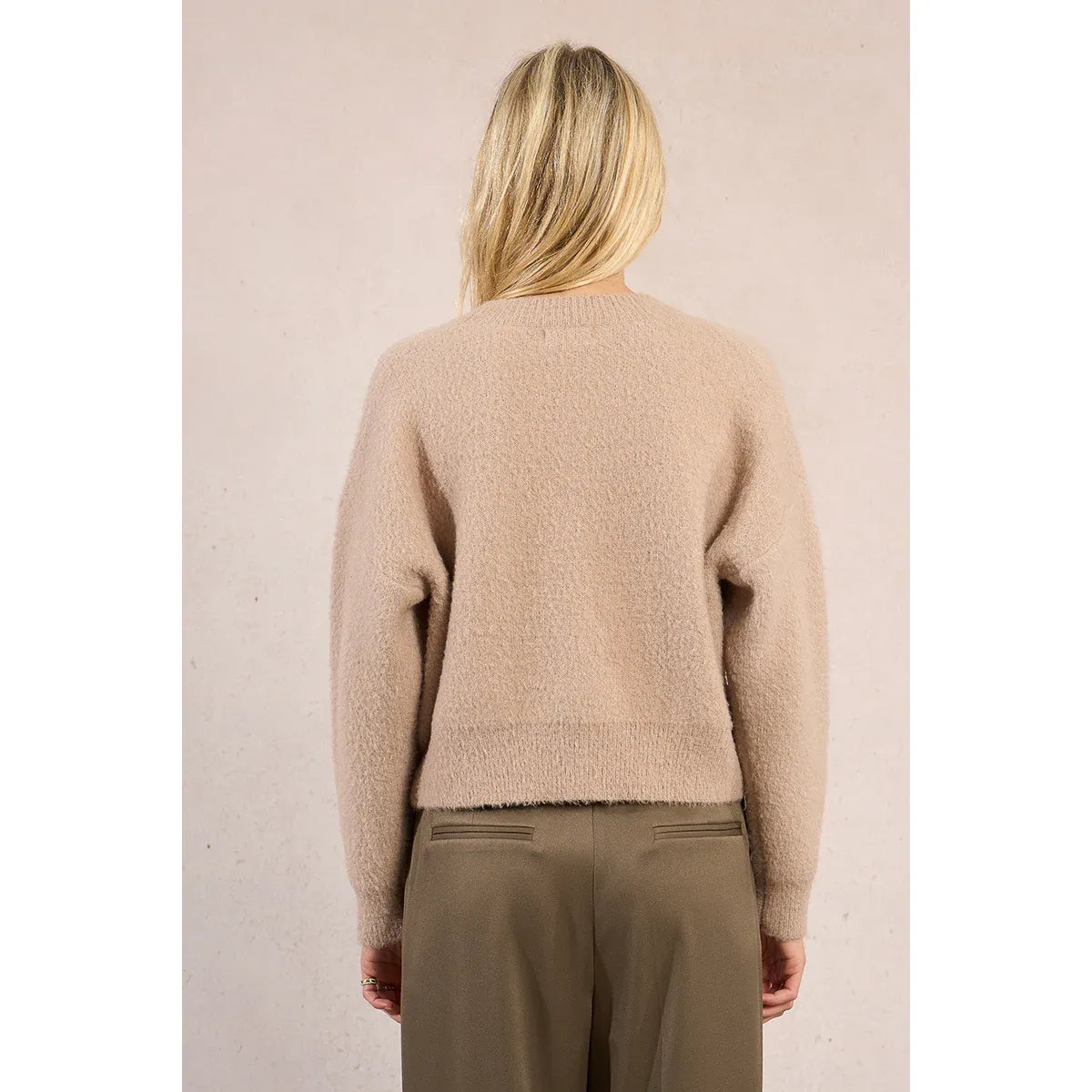 Molly Bracken Short Heart Cardigan in beige fuzzy knit, back view with short length and long sleeves