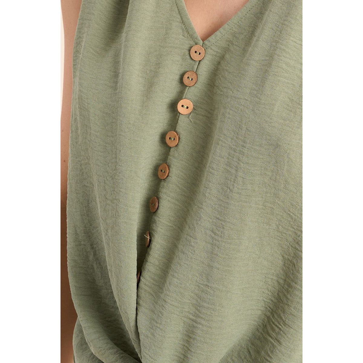 Molly Bracken Knotted Tank Top in sage green with a V-neck, knotted waist, and wooden-button front placket.
