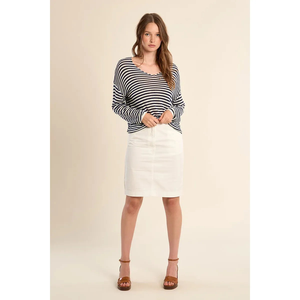 Molly Bracken Long Sleeve Sailor Shirt in navy-and-white stripes, relaxed oversized knit with V-neck.