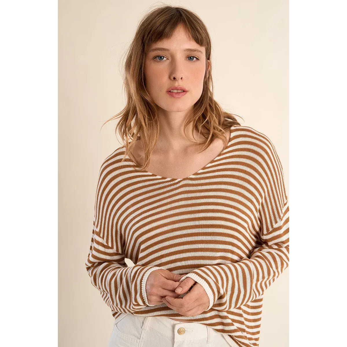 Molly Bracken brown and white striped long-sleeve sailor knit shirt with relaxed oversized silhouette and V-neck.