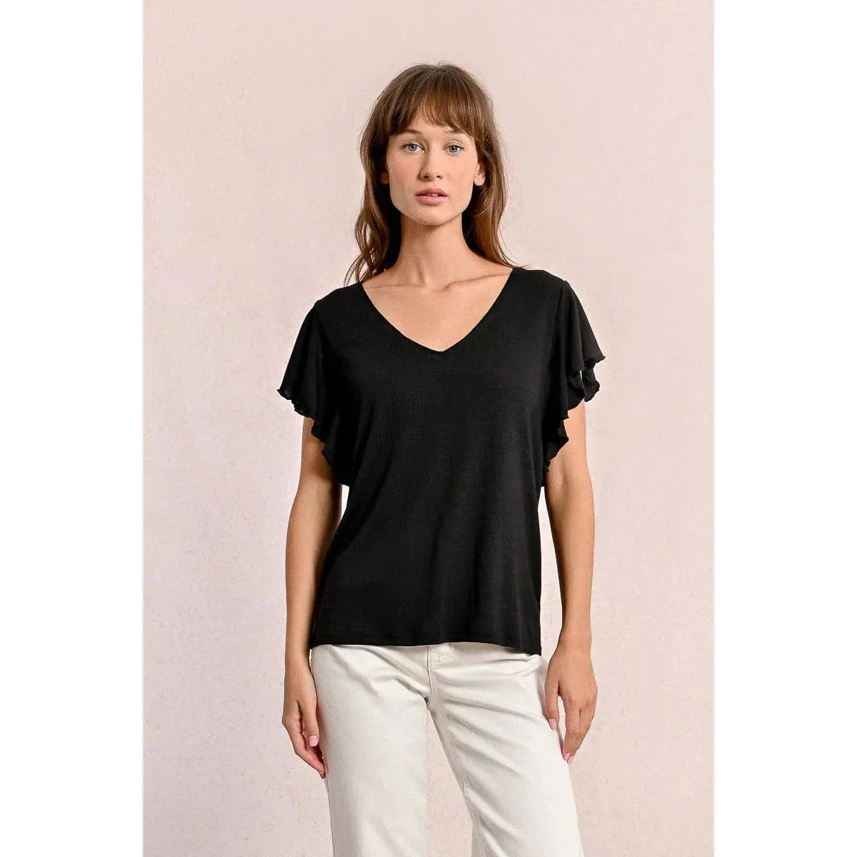 Elevate your style with the Molly Bracken Ruffled Tshirt, featuring a V neckline and playful ruffled sleeves.